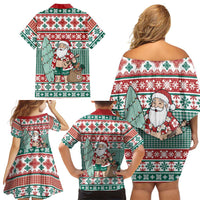 Hawaiian Funny Santa Surf Family Matching Off Shoulder Short Dress and Hawaiian Shirt Mele Kalikimaka Palaka Quilt Pattern - Polynesian Pride
