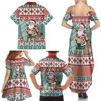 Hawaiian Funny Santa Surf Family Matching Summer Maxi Dress and Hawaiian Shirt Mele Kalikimaka Palaka Quilt Pattern - Polynesian Pride