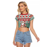 Hawaiian Funny Santa Surf Raglan Cropped T Shirt Mele Kalikimaka Palaka Quilt Pattern - Polynesian Pride