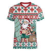 Hawaiian Funny Santa Surf Women V-Neck T-Shirt Mele Kalikimaka Palaka Quilt Pattern LT9 Female Green - Polynesian Pride