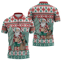 Hawaiian Funny Santa Surf Zipper Polo Shirt Mele Kalikimaka Palaka Quilt Pattern - Polynesian Pride