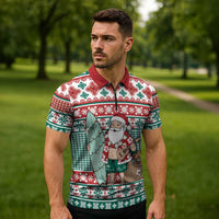 Hawaiian Funny Santa Surf Zipper Polo Shirt Mele Kalikimaka Palaka Quilt Pattern - Polynesian Pride