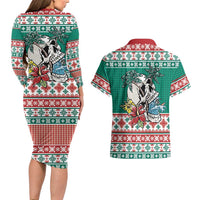 Hawaiian Skull Surfs Couples Matching Long Sleeve Bodycon Dress and Hawaiian Shirt Mele Kalikimaka Palaka Quilt Pattern - Polynesian Pride