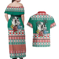 Hawaiian Skull Surfs Couples Matching Off Shoulder Maxi Dress and Hawaiian Shirt Mele Kalikimaka Palaka Quilt Pattern LT9 - Polynesian Pride