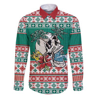 Hawaiian Skull Surfs Family Matching Off The Shoulder Long Sleeve Dress and Hawaiian Shirt Mele Kalikimaka Palaka Quilt Pattern - Polynesian Pride