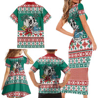 Hawaiian Skull Surfs Family Matching Short Sleeve Bodycon Dress and Hawaiian Shirt Mele Kalikimaka Palaka Quilt Pattern - Polynesian Pride