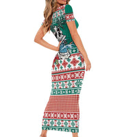 Hawaiian Skull Surfs Family Matching Short Sleeve Bodycon Dress and Hawaiian Shirt Mele Kalikimaka Palaka Quilt Pattern - Polynesian Pride