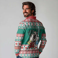 Hawaiian Skull Surfs Long Sleeve Polo Shirt Mele Kalikimaka Palaka Quilt Pattern - Polynesian Pride