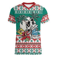 Hawaiian Skull Surfs Women V-Neck T-Shirt Mele Kalikimaka Palaka Quilt Pattern - Polynesian Pride