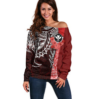 Aloha Vintage Hawaii Tribal Off Shoulder Sweater Red Style LT9 Women Red - Polynesian Pride