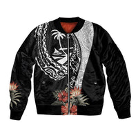 Hafa Adai Guam Bomber Jacket Tropical Flowers with Polynesian Pattern LT9 Unisex Black - Polynesian Pride