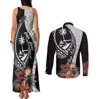 Hafa Adai Guam Couples Matching Tank Maxi Dress and Long Sleeve Button Shirt Tropical Flowers with Polynesian Pattern LT9 - Polynesian Pride