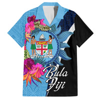 Bula Fiji Vintage Fijian Masi Pattern Family Matching Off Shoulder Short Dress and Hawaiian Shirt Blue Unique LT9 Dad's Shirt - Short Sleeve Blue - Polynesian Pride
