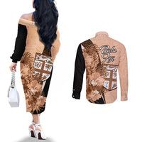 Bula Fiji Vintage Fijian Masi Pattern Couples Matching Off The Shoulder Long Sleeve Dress and Long Sleeve Button Shirt Peach Fuzz Unique LT9 - Polynesian Pride