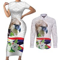 Philippines Eagle and Sampaguita Flowers Couples Matching Short Sleeve Bodycon Dress and Long Sleeve Button Shirt Polynesian Pattern