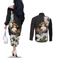 Philippines Eagle with Coat Of Arm Couples Matching Off The Shoulder Long Sleeve Dress and Long Sleeve Button Shirt Simple Sampaguita Jasmine