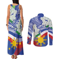 Philippines Flag Couples Matching Tank Maxi Dress and Long Sleeve Button Shirt Sampaguita Jasmine with Polynesian Tribal
