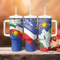 Philippines Flag Tumbler With Handle Sampaguita Jasmine with Polynesian Tribal LT9 - Polynesian Pride