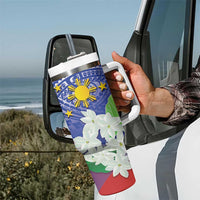 Philippines Flag Tumbler With Handle Sampaguita Jasmine with Polynesian Tribal LT9 - Polynesian Pride