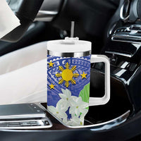 Philippines Flag Tumbler With Handle Sampaguita Jasmine with Polynesian Tribal LT9 - Polynesian Pride