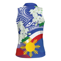 Philippines Flag Women Sleeveless Polo Shirt Sampaguita Jasmine with Polynesian Tribal