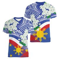 Philippines Flag Women V-Neck T-Shirt Sampaguita Jasmine with Polynesian Tribal