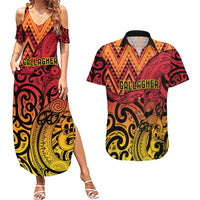 New Zealand Rangatira Custom Couples Matching Summer Maxi Dress and Hawaiian Shirt Red and Gold Niho Taniwha Maori Tribal