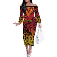 New Zealand Rangatira Custom Family Matching Off The Shoulder Long Sleeve Dress and Hawaiian Shirt Red and Gold Niho Taniwha Maori Tribal
