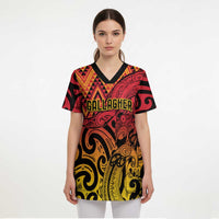 New Zealand Rangatira Custom Scrub Top Red and Gold Niho Taniwha Maori Tribal - Polynesian Pride