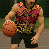 New Zealand Rangatira Custom Sleeveless Zip Hoodie Red and Gold Niho Taniwha Maori Tribal - Polynesian Pride