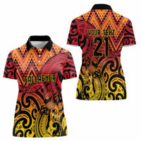 New Zealand Rangatira Custom Women Polo Shirt Red and Gold Niho Taniwha Maori Tribal