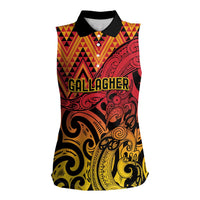 New Zealand Rangatira Custom Women Sleeveless Polo Shirt Red and Gold Niho Taniwha Maori Tribal