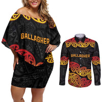 New Zealand Rugby Pacific Custom Couples Matching Off Shoulder Short Dress and Long Sleeve Button Shirt Rangatira Maori Kowhaiwhai Pattern LT9 Gold - Polynesian Pride