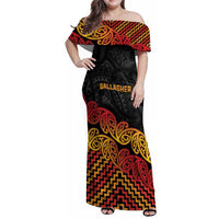 New Zealand Rugby Pacific Custom Family Matching Off Shoulder Maxi Dress and Hawaiian Shirt Rangatira Maori Kowhaiwhai Pattern LT9 Mom's Dress Gold - Polynesian Pride