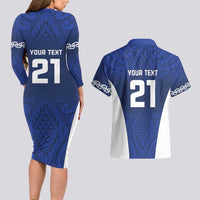 New Zealand Rugby Pacific Custom Couples Matching Long Sleeve Bodycon Dress and Hawaiian Shirt Kahurangi Auckland All Blue