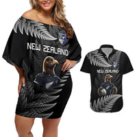 New Zealand Rugby Custom Couples Matching Off Shoulder Short Dress and Hawaiian Shirt Glory Be To Black Silver-fern - Polynesian Pride