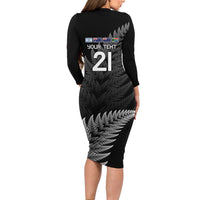 New Zealand Rugby Custom Long Sleeve Bodycon Dress Glory Be To Black Silver-fern LT9 - Polynesian Pride