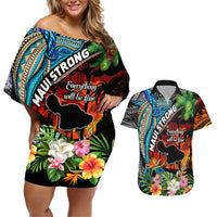 Hawaii Strong Maui Wildfire Couples Matching Off Shoulder Short Dress and Hawaiian Shirt Pray For Lahaina Maui LT9 Black - Polynesian Pride