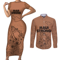 Hawaii Strong Maui Wildfire Couples Matching Short Sleeve Bodycon Dress and Long Sleeve Button Shirts No1 LT9 Gold - Polynesian Pride
