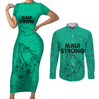 Hawaii Strong Maui Wildfire Couples Matching Short Sleeve Bodycon Dress and Long Sleeve Button Shirts No2 LT9 Green - Polynesian Pride