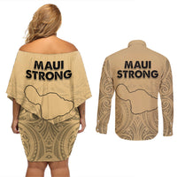 Hawaii Strong Maui Wildfire Couples Matching Off Shoulder Short Dress and Long Sleeve Button Shirts No3 LT9 - Polynesian Pride