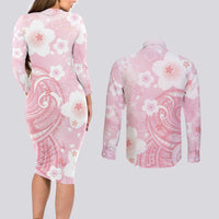 Japan Sakura Floral with Polynesian Vibe Couples Matching Long Sleeve Bodycon Dress and Long Sleeve Button Shirt