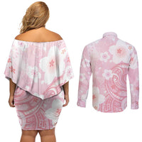 Japan Sakura Floral with Polynesian Vibe Couples Matching Off Shoulder Short Dress and Long Sleeve Button Shirt