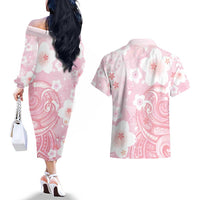 Japan Sakura Floral with Polynesian Vibe Couples Matching Off The Shoulder Long Sleeve Dress and Hawaiian Shirt