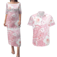 Japan Sakura Floral with Polynesian Vibe Couples Matching Puletasi and Hawaiian Shirt