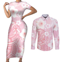 Japan Sakura Floral with Polynesian Vibe Couples Matching Short Sleeve Bodycon Dress and Long Sleeve Button Shirt