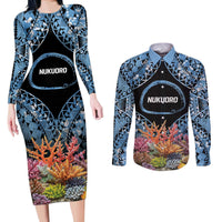 Personalised Nukuoro Micronesia Atoll Couples Matching Long Sleeve Bodycon Dress and Long Sleeve Button Shirt with Pacific Coral Reef