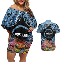 Personalised Nukuoro Micronesia Atoll Couples Matching Off Shoulder Short Dress and Hawaiian Shirt with Pacific Coral Reef