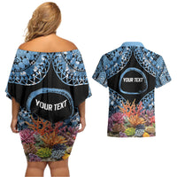 Personalised Nukuoro Micronesia Atoll Couples Matching Off Shoulder Short Dress and Hawaiian Shirt with Pacific Coral Reef
