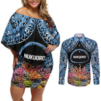 Personalised Nukuoro Micronesia Atoll Couples Matching Off Shoulder Short Dress and Long Sleeve Button Shirt with Pacific Coral Reef